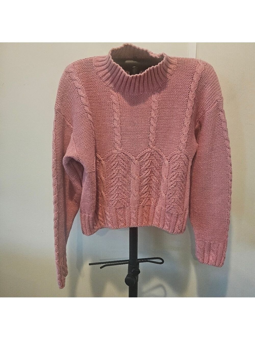 IDIOMS VINTAGE 80s WOMEN'S PINK CHUNKY CABLE KNIT TURTLENECK SWEATER SIZE MEDIUM - Picture 4 of 9